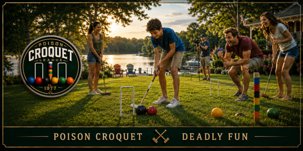 Family playing Poison Croquet by the lake